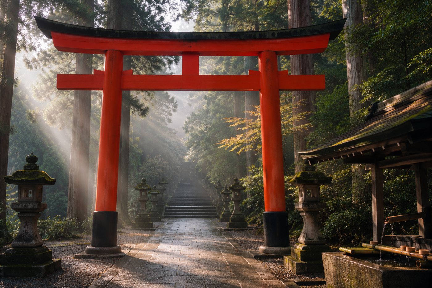 A vermillion Shinto torii gate standing at the entrance to a forested shrine path, with stone lanterns and a water purification basin to one side, soft morning light through tall cedars.