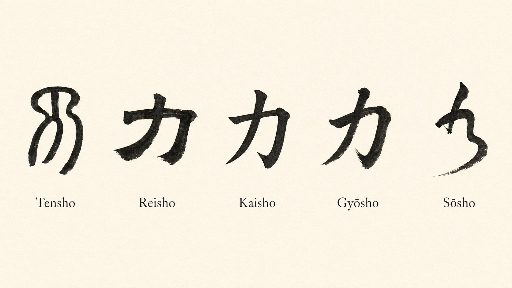 The kanji 力 written in five classical Japanese calligraphy styles: tensho, reisho, kaisho, gyōsho, and sōsho.