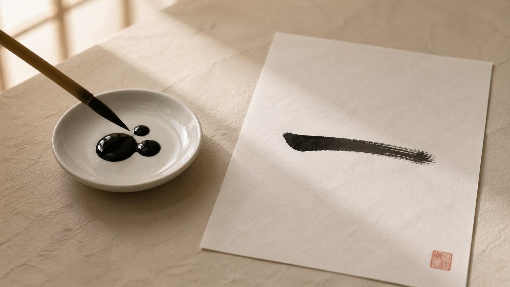 A small white ceramic plate with three glossy black drops of freshly poured sumi ink, a calligraphy brush hovering just above, and a single test stroke of the kanji 一 drying on practice paper beside it.