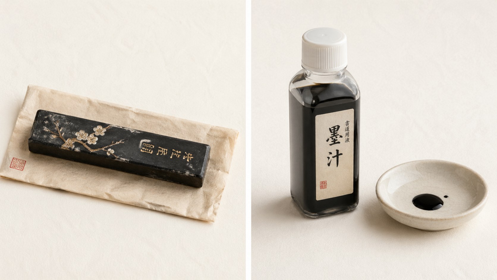 A Japanese sumi inkstick lying on its paper wrapper next to a small bottle of liquid bokujū and a ceramic ink dish, showing the two forms of sumi ink side by side.