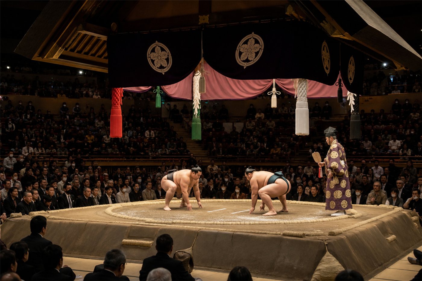 Two sumo wrestlers in a raised clay ring (dohyō) beneath a suspended shrine-style roof, crouched at the start line in mawashi belts, a robed referee with a fan to one side, salt scattered on the clay.
