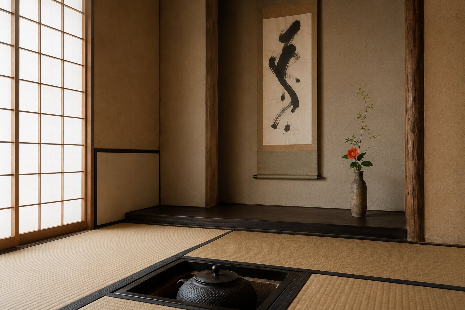 The interior of a small Japanese tea room: tatami mats, a sunken hearth with an iron kettle, and a low alcove holding a single hanging calligraphy scroll and one seasonal flower, lit by soft light from a paper-screened window.