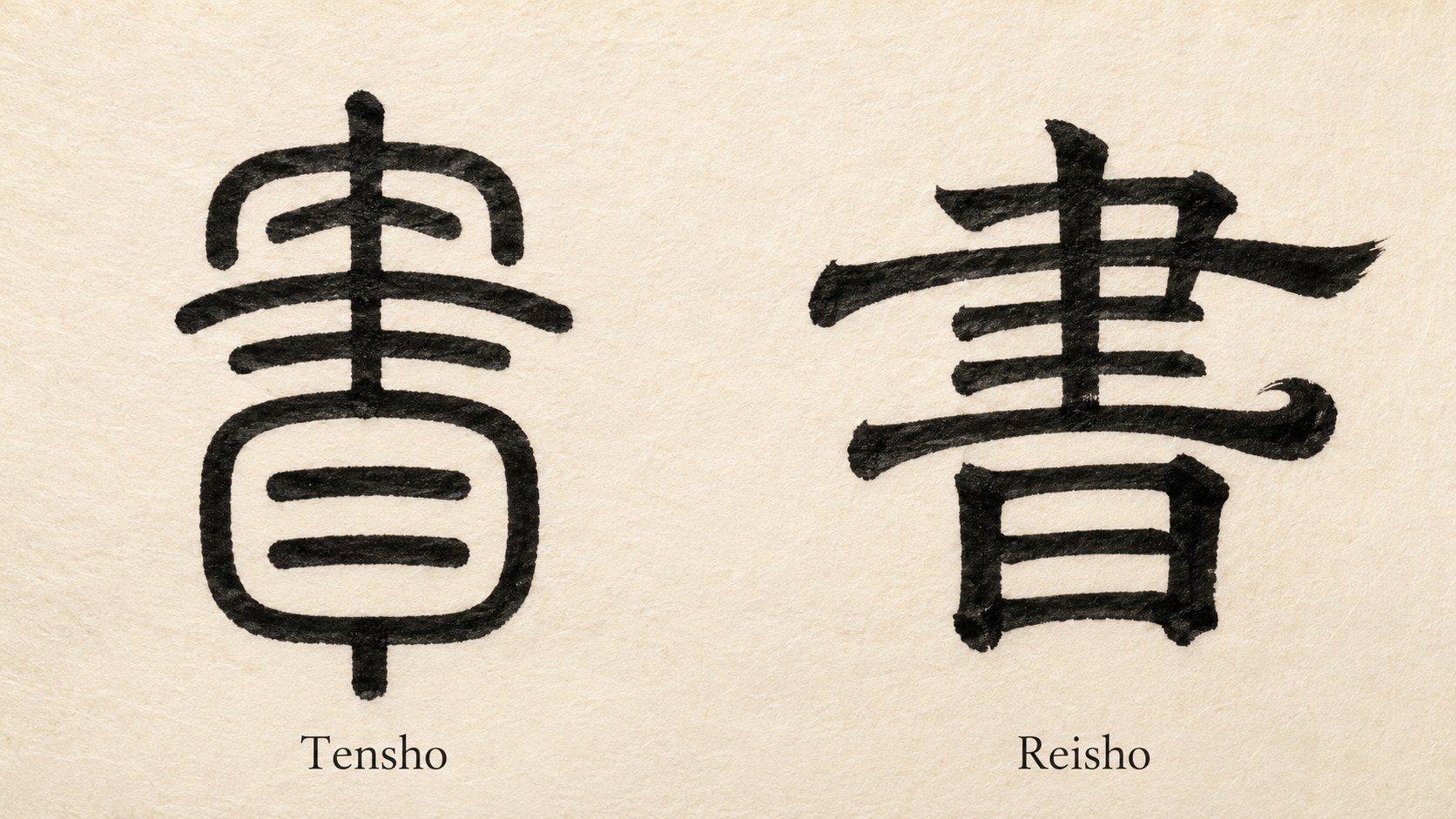 Two single Japanese kanji written side by side in deep black sumi ink: left in tensho (rounded archaic seal-script with even stroke width), right in reisho (squared off with the dramatic flared horizontal stroke ending in a thickened curl).