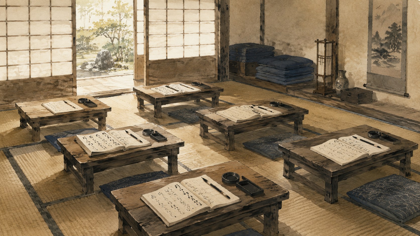 An Edo-period terakoya schoolroom: low wooden writing desks on tatami, each with a small open practice book showing brushed characters, ink dish, and brush — an empty room suggesting a lesson just paused.