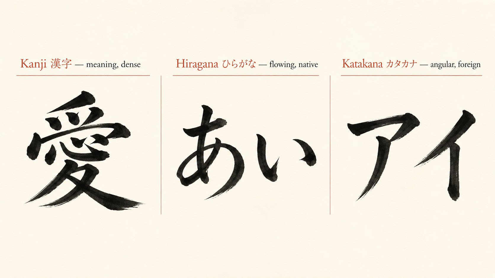 A diagram comparing the three Japanese scripts brushed in black ink: a dense kanji labeled "meaning", a soft flowing hiragana labeled "native, flowing", and a sharp angular katakana labeled "foreign, angular".