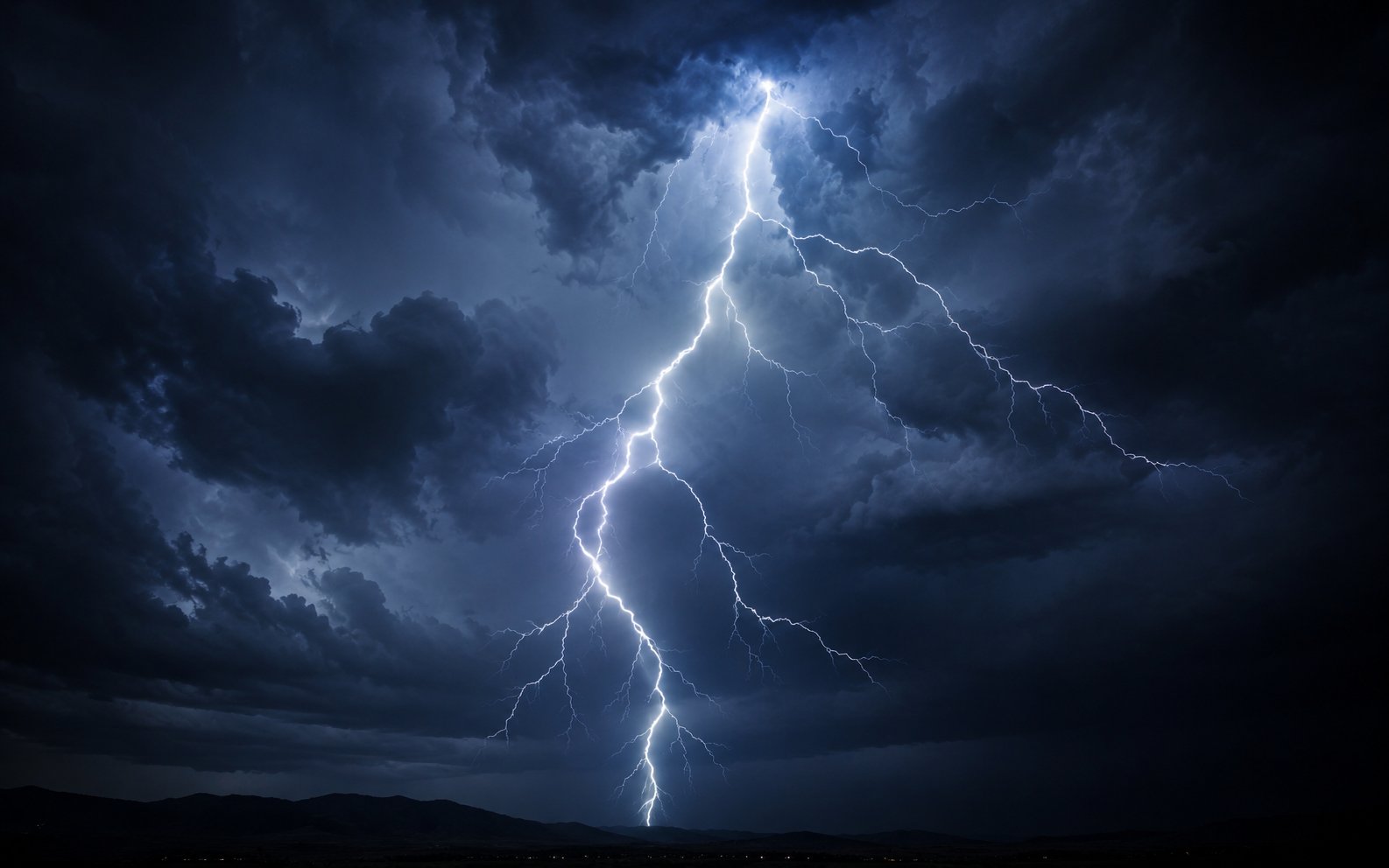 A jagged bolt of lightning splitting a pitch-dark, storm-clouded night sky, the flash lighting the clouds from within — the raw natural force the kanji 雷 names.