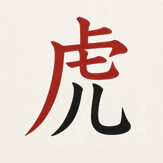 The kanji 虎 shown as two color-coded parts: the 虍 "tiger head" radical at the top and left in vermillion, and the lower body element in black sumi ink, clarifying the character's structure.