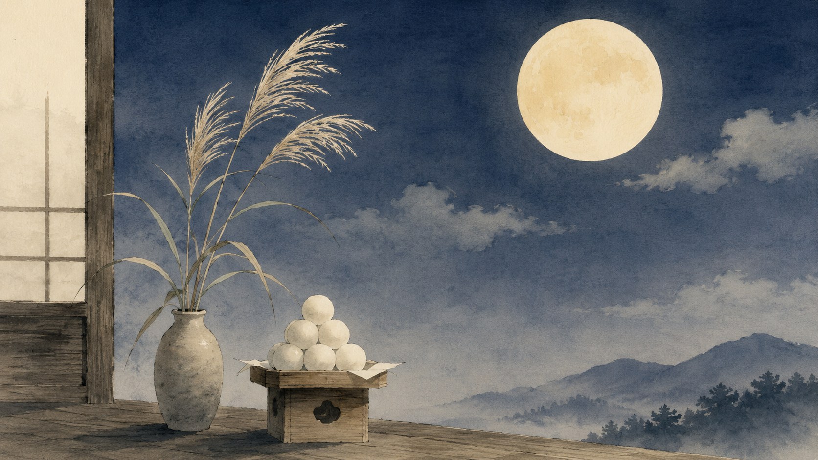 A soft sumi-e style illustration of a Japanese moon-viewing (tsukimi) scene: a pale full harvest moon in an indigo evening sky, a stack of round white tsukimi dango on a wooden tray, and silver pampas grass in a vase.