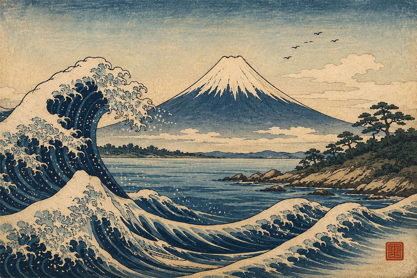 An original woodblock-print-style scene in the ukiyo-e manner: a stylised view of Mount Fuji beyond rolling indigo waves and a curved shoreline, printed in flat planes of Prussian blue, soft beige, and pale sky on textured paper, with a small red seal in the corner.