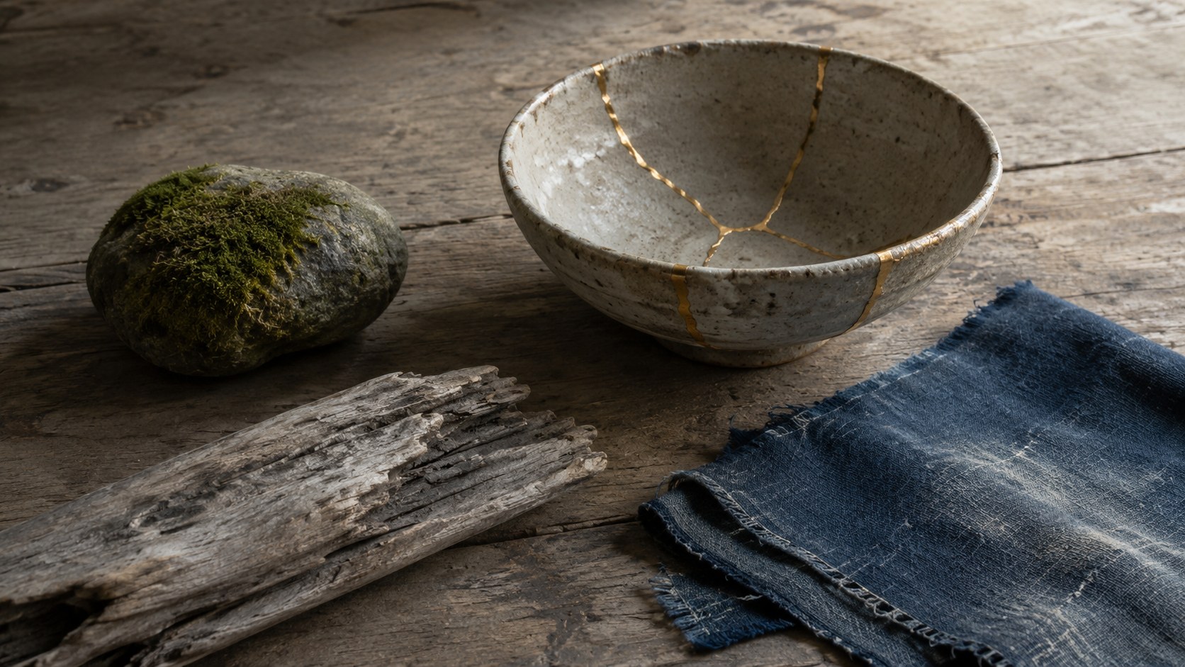 A flat-lay of wabi-sabi objects on weathered wood: a ceramic bowl repaired with gold kintsugi seams, a mossy stone, a piece of silvered weathered wood, and a faded indigo textile — each beautiful in its age and imperfection.
