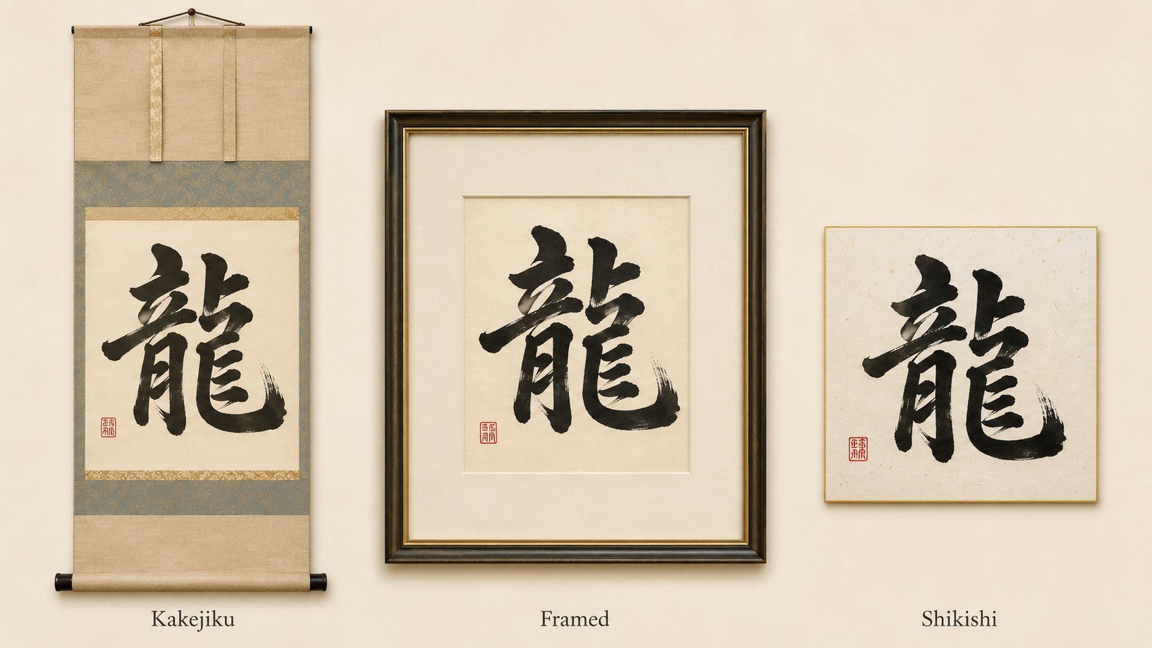 A single brushed kanji displayed three ways: as a traditional silk-mounted hanging scroll (kakejiku), as a matted Western-style framed piece, and as a small square shikishi board — the same calligraphy, three presentations.
