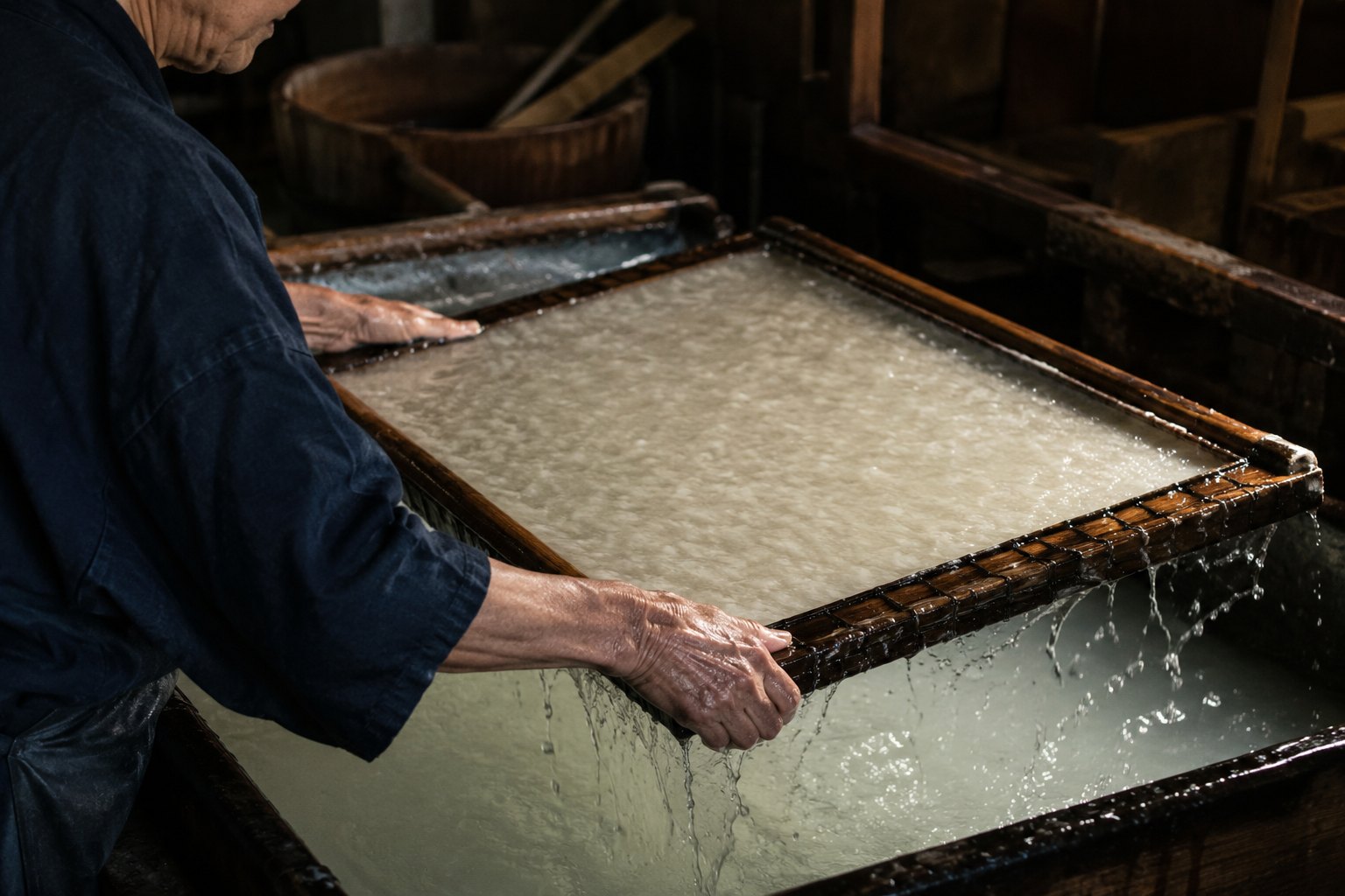 A papermaker's hands holding a large bamboo-screen frame over a vat of cloudy water and fibre, mid-motion as a fresh wet sheet of washi forms, water sheeting off the edges, in a dim traditional workshop.