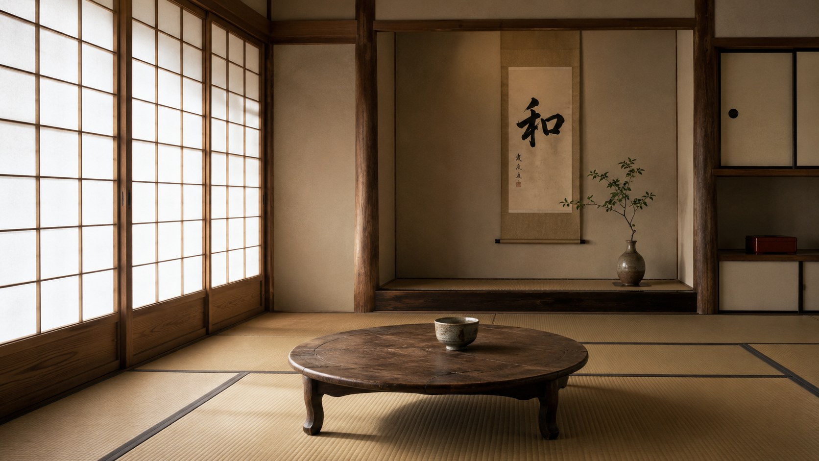 A traditional Japanese-style room (washitsu) in soft morning light, with tatami floor, a low wooden table, paper shoji screens, and a tokonoma alcove holding a hanging calligraphy scroll bearing the character 和.